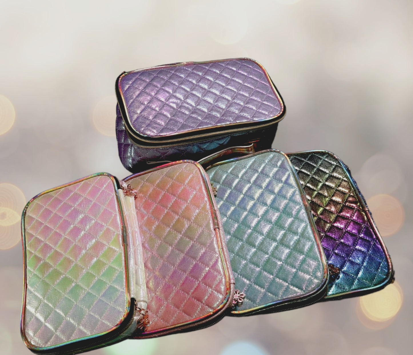 Holographic Reflective Train-Case Style Makeup Bag